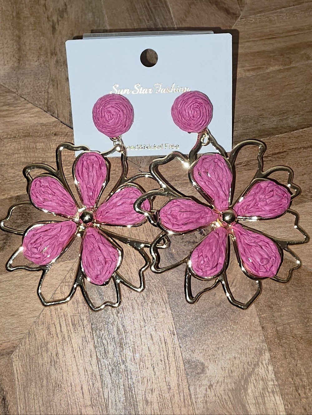 Floral Statement Rafia Earrings With Gold-Tone Metal Accents In Fuchsia, NWT